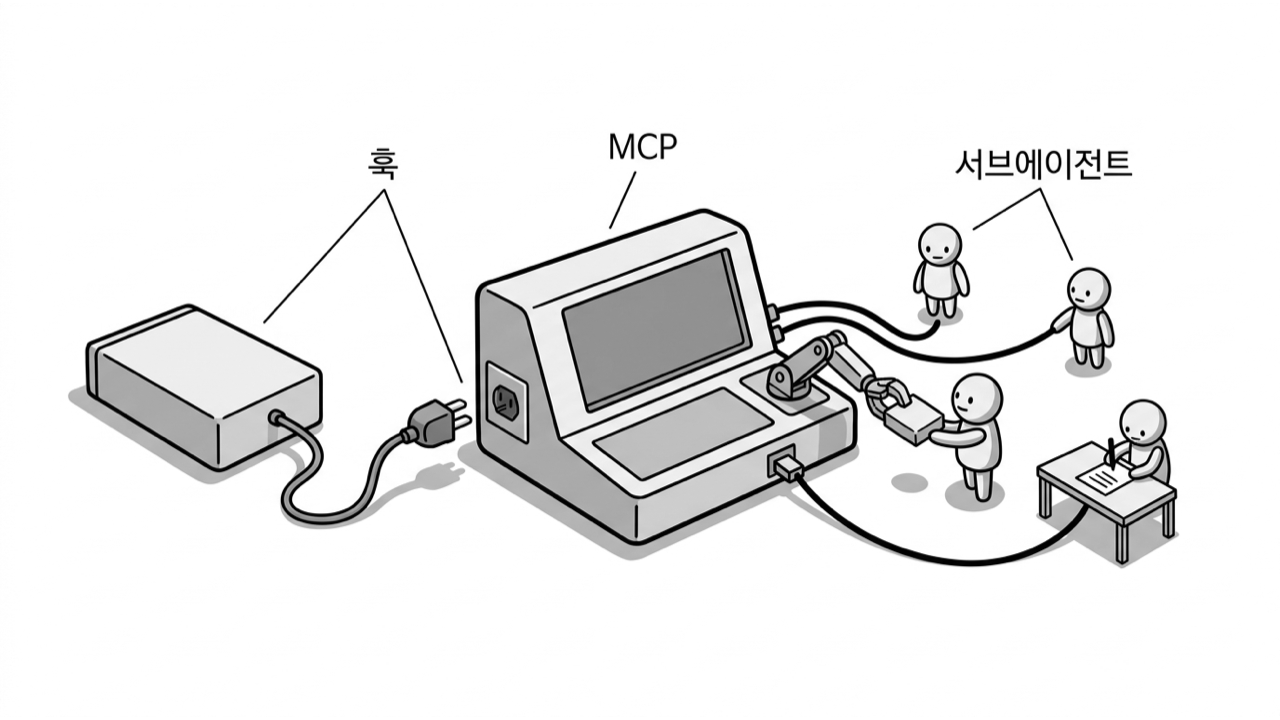 MCP 도구 연결, 자동화 훅, 서브에이전트가 결합하여 협업하는 시스템